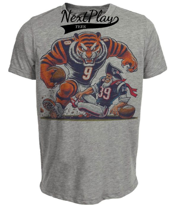 Cincinnati Bengals vs. New England Patriots Retro Rivalry Football 1984 Artwork Heather Gray Sublimated T-Shirt