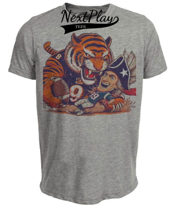Cincinnati Bengals vs. New England Patriots Retro Rivalry Football Artwork Heather Gray Sublimated T-Shirt