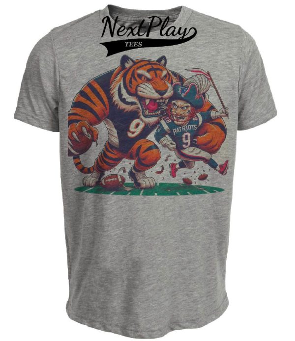 Cincinnati Bengals vs. New England Patriots Retro Rivalry Who Dey Mascot Football Artwork Heather Gray Sublimated T-Shirt