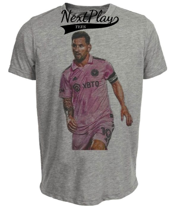 Inter Miami C. F. Retro Lionel Messi Soccer Artwork Heather Gray Sublimated T-Shirt