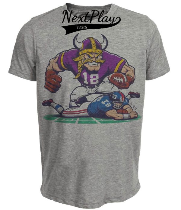 Minnesota Vikings vs. New York Giants Retro Rivalry Football Angry Viktor Mascot Artwork Heather Gray Sublimated T-Shirt