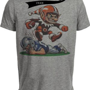Cleveland Browns vs. Dallas Cowboys Retro Rivalry Football Elfie Jump Artwork Heather Gray Sublimated T-Shirt