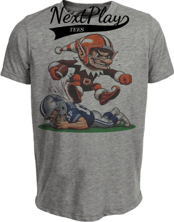 Cleveland Browns vs. Dallas Cowboys Retro Rivalry Football Elfie Jump Artwork Heather Gray Sublimated T-Shirt