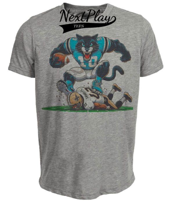 Carolina Panthers vs. New Orleans Saints Retro Rivalry Sir Purr Football Artwork Heather Gray Sublimated T-Shirt