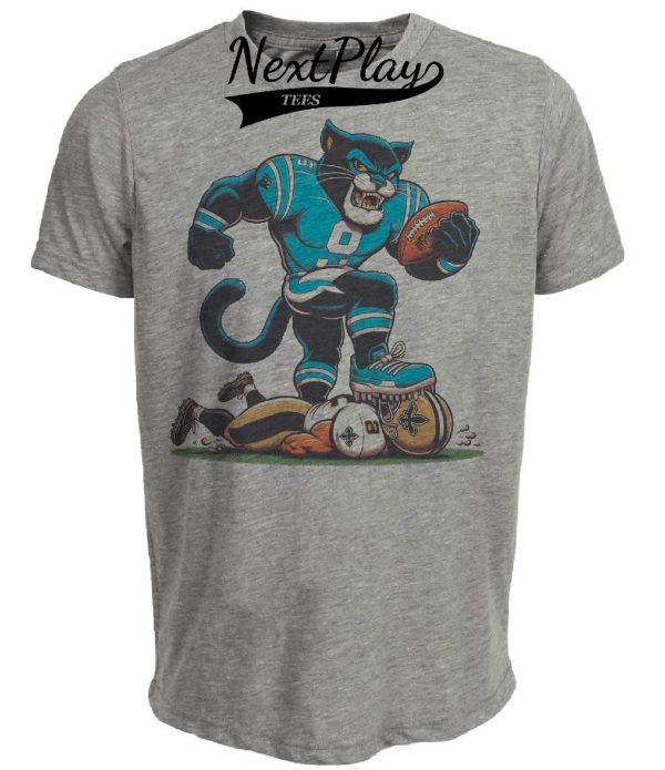 Carolina Panthers vs. New Orleans Saints Retro Rivalry Sir Purr Mascot Football Artwork Heather Gray Sublimated T-Shirt