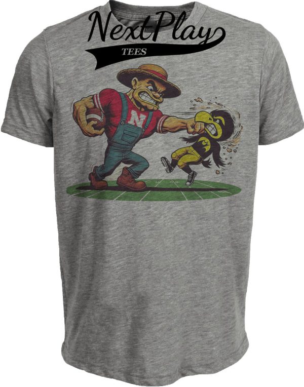 Nebraska Cornhuskers vs. Iowa Hawkeyes Retro Rivalry Football 1999 Artwork Heather Gray Sublimated T-Shirt