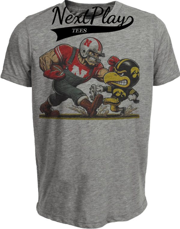 Nebraska Cornhuskers vs. Iowa Hawkeyes Retro Rivalry Football 1995 Artwork Heather Gray Sublimated T-Shirt