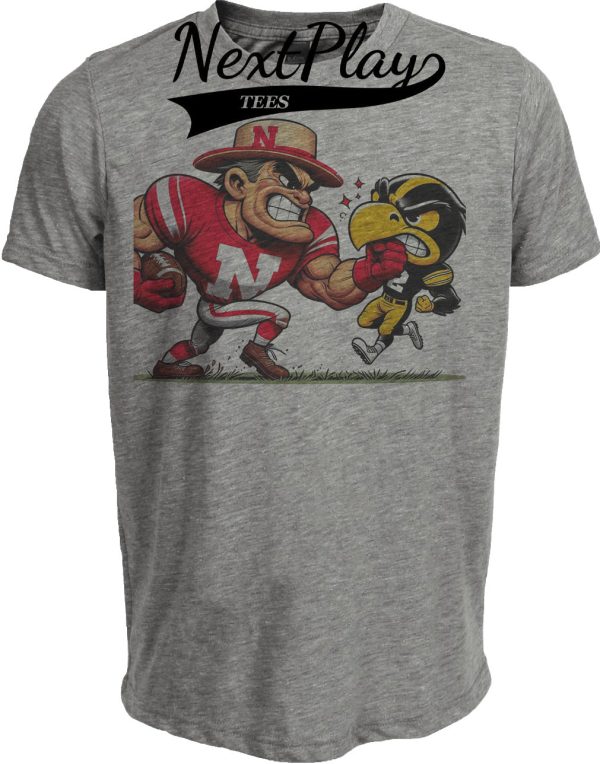 Nebraska Cornhuskers vs. Iowa Hawkeyes Retro Rivalry Football 1990 Artwork Heather Gray Sublimated T-Shirt
