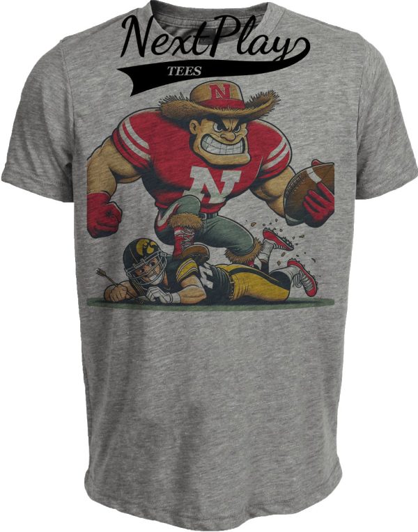 Nebraska Cornhuskers vs. Iowa Hawkeyes Retro Rivalry Football 1985 Artwork Heather Gray Sublimated T-Shirt