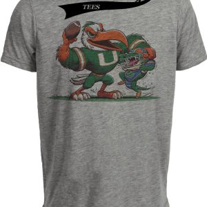 Miami Hurricanes vs. Florida Gators Retro Rivalry Football Mascot 2015 Artwork Heather Gray Sublimated T-Shirt