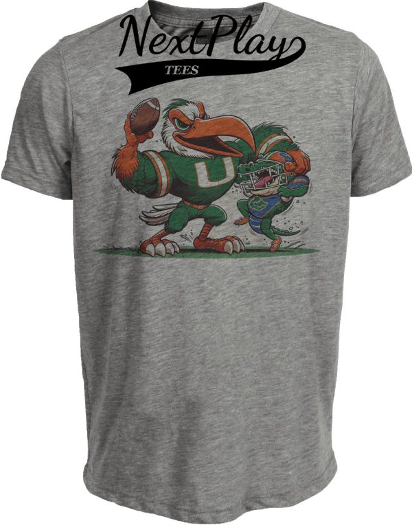 Miami Hurricanes vs. Florida Gators Retro Rivalry Football Mascot 2015 Artwork Heather Gray Sublimated T-Shirt