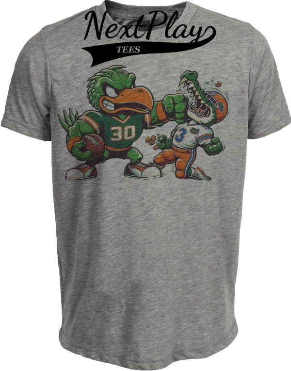 Miami Hurricanes vs. Florida Gators Retro Rivalry Football Mascot 1993 Artwork Heather Gray Sublimated T-Shirt