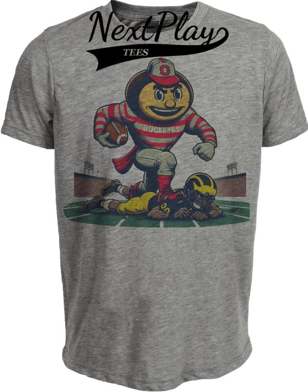 Ohio State Buckeyes vs. Michigan Wolverines Retro Rivalry Football 2002 Artwork Heather Gray Sublimated T-Shirt