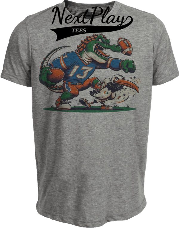 Florida Gators vs. Miami Hurricanes Retro Rivalry Football Mascot 1992 Artwork Heather Gray Sublimated T-Shirt