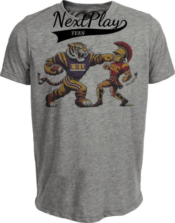 LSU Tigers vs. USC Trojans Retro Rivalry Football 1988 Artwork Heather Gray Sublimated T-Shirt