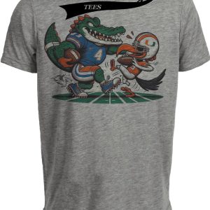 Florida Gators vs. Miami Hurricanes Retro Rivalry Football Mascot 2008 Artwork Heather Gray Sublimated T-Shirt