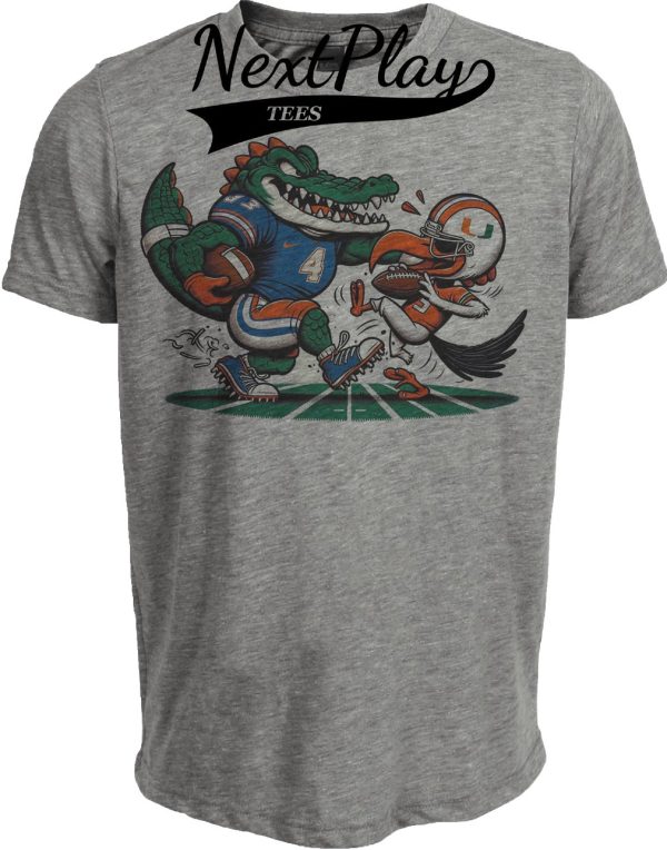 Florida Gators vs. Miami Hurricanes Retro Rivalry Football Mascot 2008 Artwork Heather Gray Sublimated T-Shirt