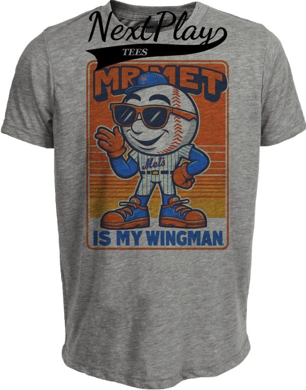 New York Mets Retro Mr. Met is My Wingman Mascot Baseball Artwork Heather Gray Sublimated T-Shirt