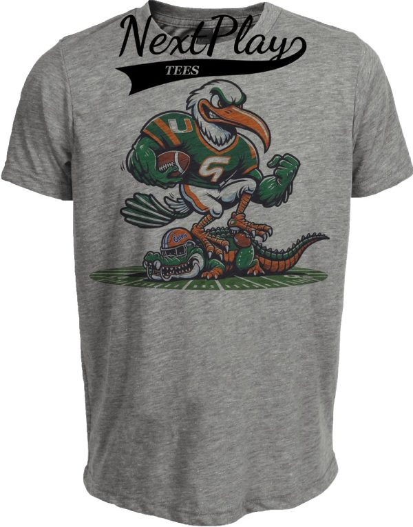 Miami Hurricanes vs. Florida Gators Retro Rivalry Football Mascot 1997 Artwork Heather Gray Sublimated T-Shirt