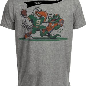 Miami Hurricanes vs. Florida Gators Retro Rivalry Football Mascot 1999 Artwork Heather Gray Sublimated T-Shirt