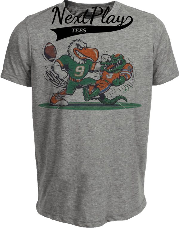 Miami Hurricanes vs. Florida Gators Retro Rivalry Football Mascot 1999 Artwork Heather Gray Sublimated T-Shirt