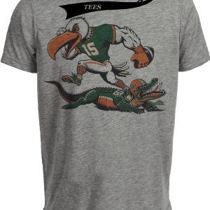 Miami Hurricanes vs. Florida Gators Retro Rivalry Football Mascot 1987 Artwork Heather Gray Sublimated T-Shirt