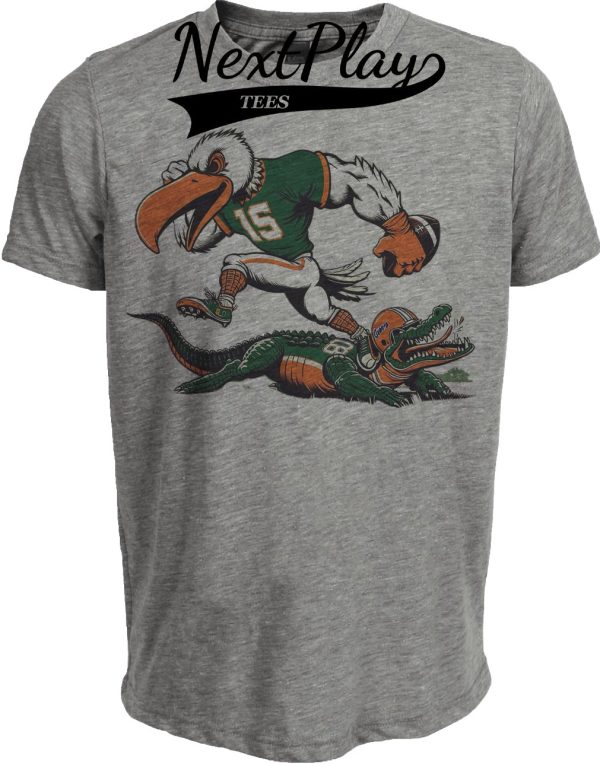 Miami Hurricanes vs. Florida Gators Retro Rivalry Football Mascot 1987 Artwork Heather Gray Sublimated T-Shirt
