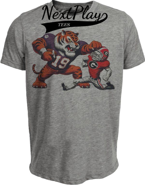 Clemson Tigers vs. Georgia Bulldogs Retro Rivalry Football Mascot 1978 Artwork Heather Gray Sublimated T-Shirt