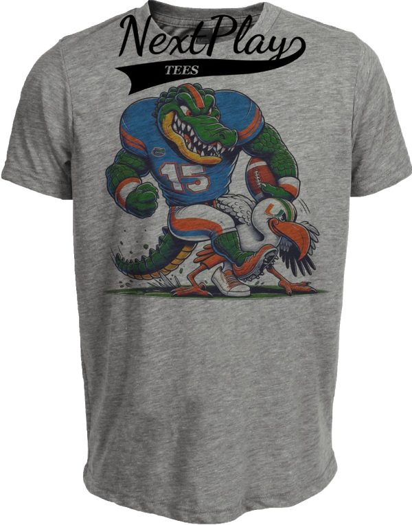 Florida Gators vs. Miami Hurricanes Retro Rivalry Football Mascot 2024 Artwork Heather Gray Sublimated T-Shirt