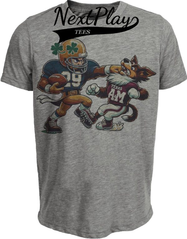 Notre Dame Fighting Irish vs. Texas A&M Aggies Retro Rivalry Football 1989 Artwork Heather Gray Sublimated T-Shirt