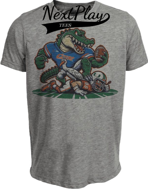 Florida Gators vs. Miami Hurricanes Retro Rivalry Football Mascot 2004 Artwork Heather Gray Sublimated T-Shirt