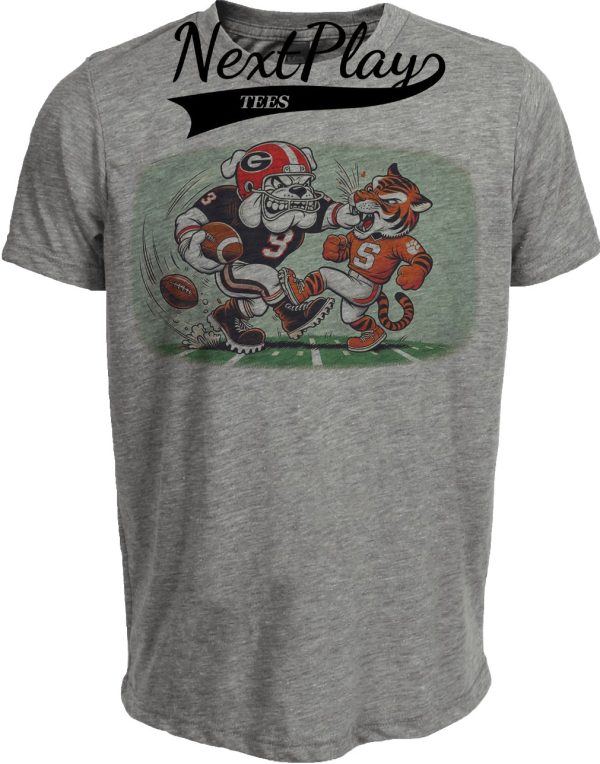 Georgia Bulldogs vs. Clemson Tigers Retro Rivalry Football 1997 Artwork Heather Gray Sublimated T-Shirt