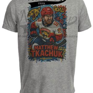 Florida Panthers Matthew Tkachuk Exclusive Caricature Hockey Artwork Heather Gray Sublimated T-Shirt