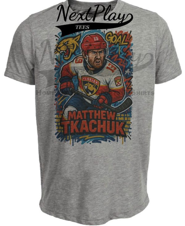 Florida Panthers Matthew Tkachuk Exclusive Caricature Hockey Artwork Heather Gray Sublimated T-Shirt