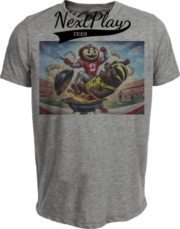 Ohio State Buckeyes vs. Michigan Wolverines Exclusive Retro Football Brutus Cooking Artwork Heather Gray Sublimated T-Shirt