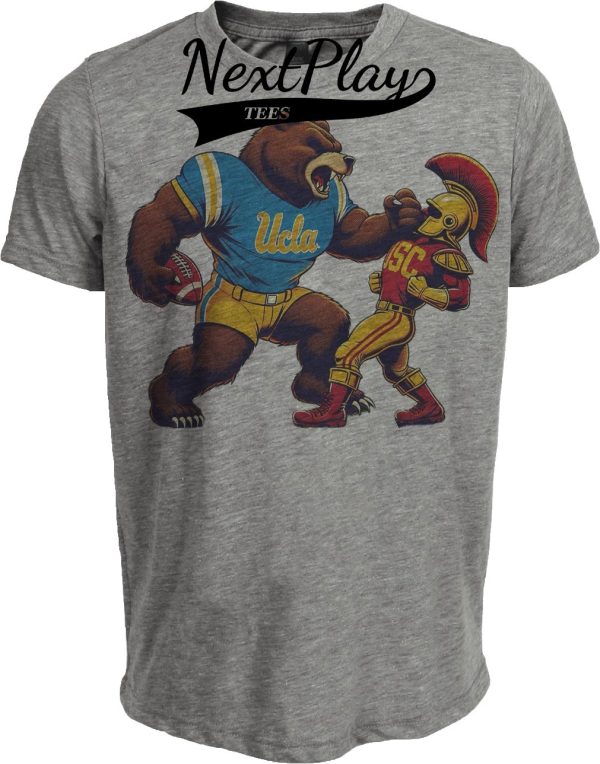 UCLA Bruins vs. USC Trojans Exclusive Retro Rivalries Football Roar Artwork Heather Gray Sublimated T-Shirt