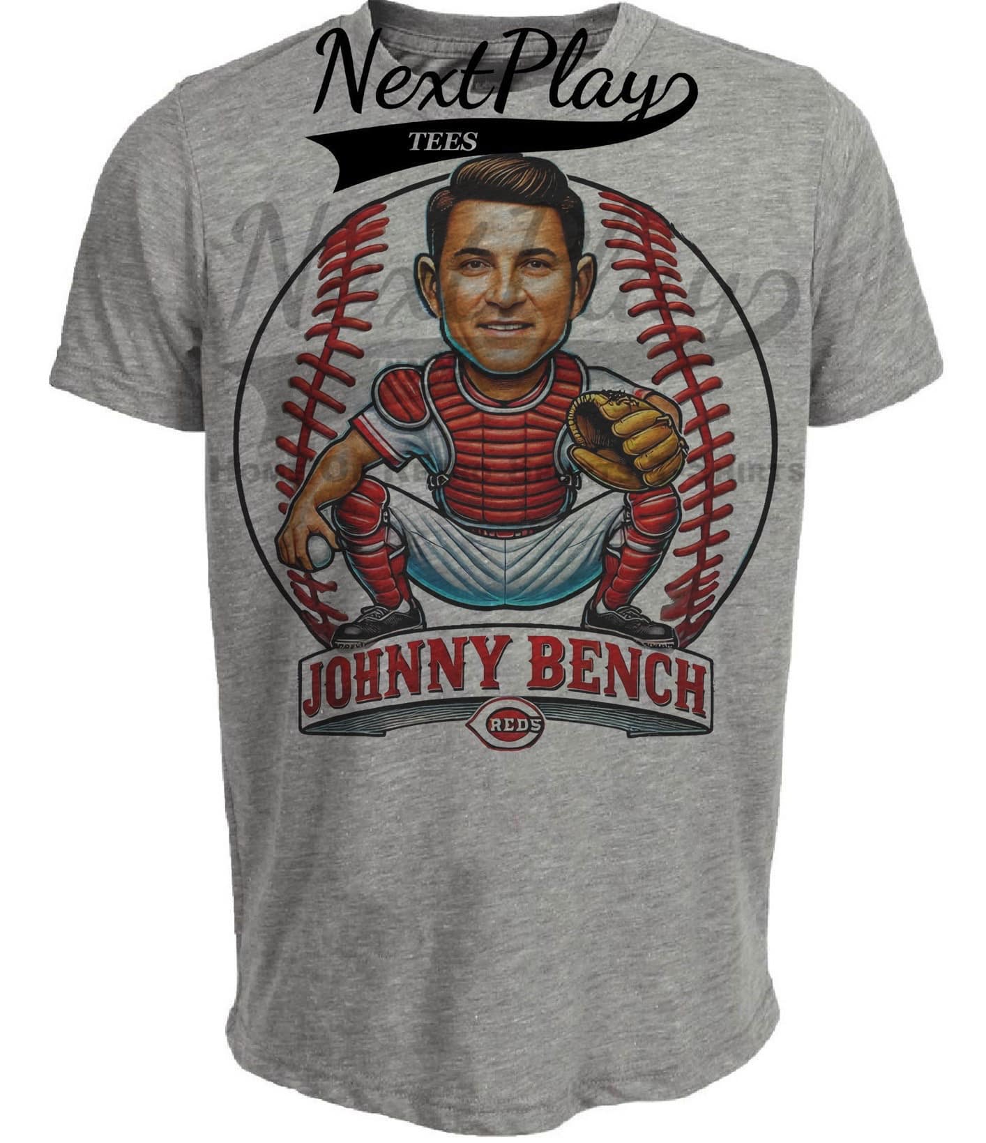 Cincinnati Reds Johnny Bench Exclusive Retro Baseball Artwork Heather Gray Sublimated T-Shirt
