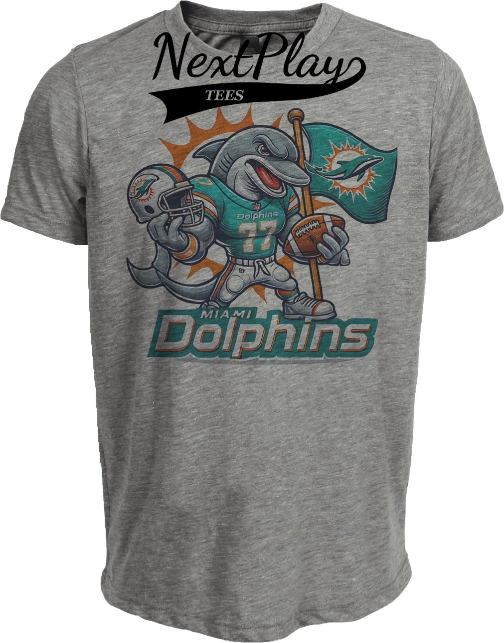 Miami Dolphins Exclusive Retro Football Flag Artwork Heather Gray Sublimated T-Shirt