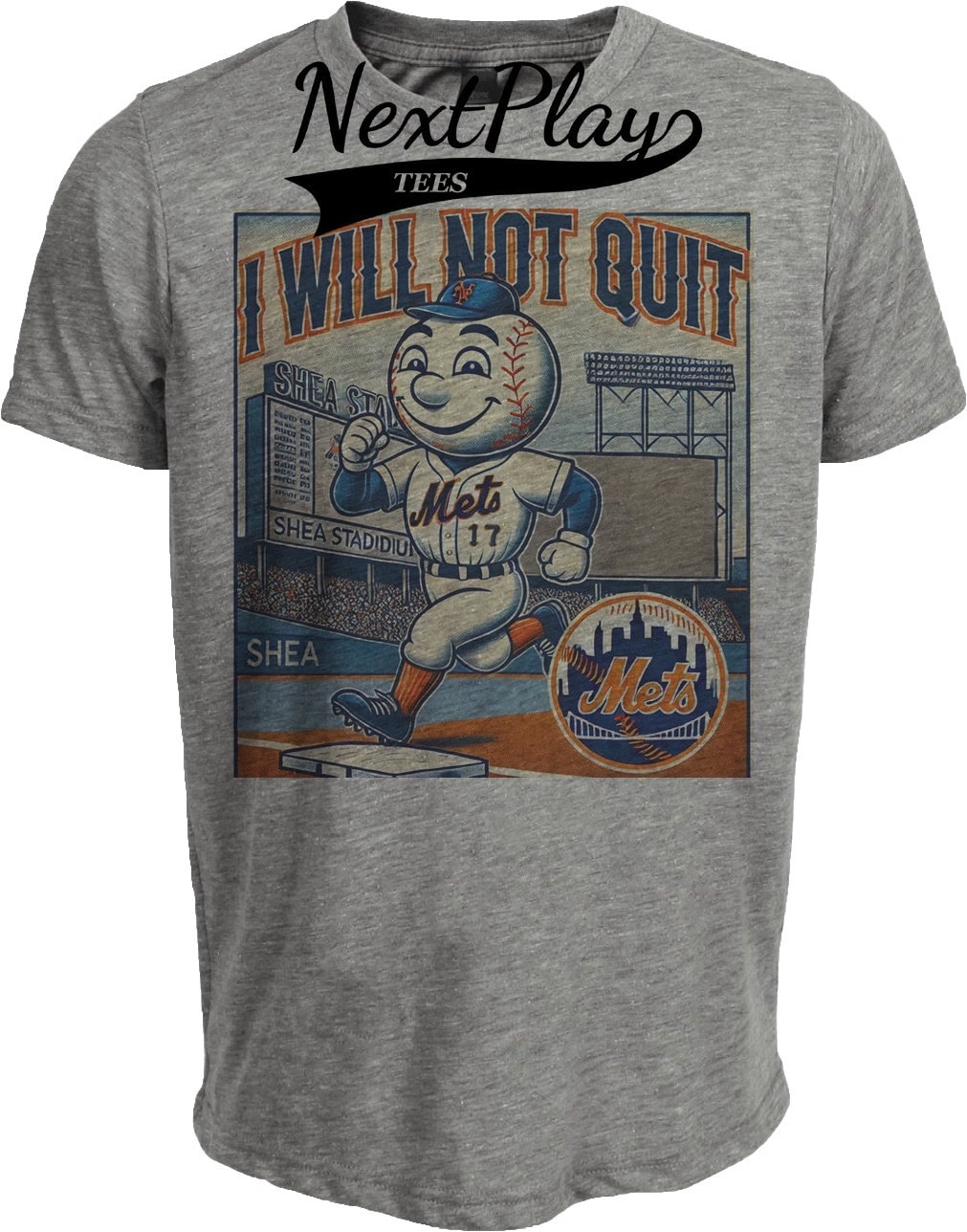 New York Mets Exclusive Mr. Met Bases Retro Baseball Artwork Heather Gray Sublimated T-Shirt