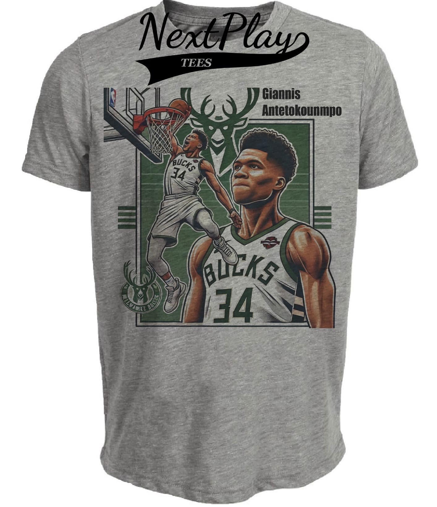 Milwaukee Bucks Giannis Antetokounmpo #34 Exclusive Retro Basketball Artwork Heather Gray Sublimated T-Shirt