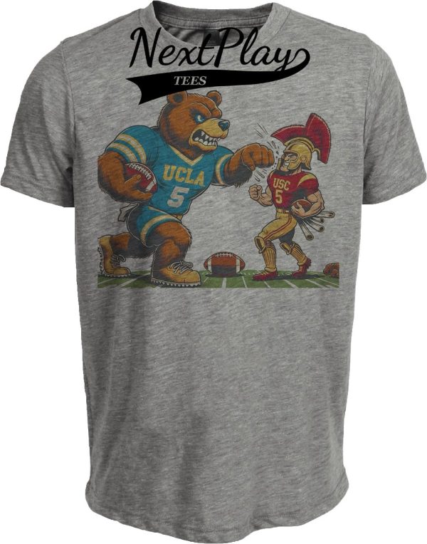 UCLA Bruins vs. USC Trojans Exclusive Retro Rivalries Football Artwork Heather Gray Sublimated T-Shirt