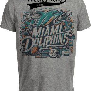 Miami Dolphins Exclusive Retro Throwback Collage Football Artwork Heather Gray Sublimated T-Shirt