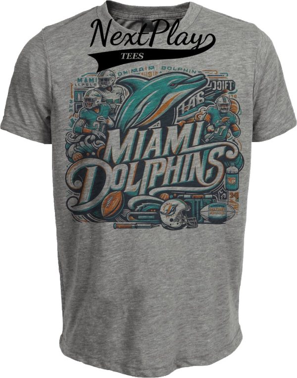 Miami Dolphins Exclusive Retro Throwback Collage Football Artwork Heather Gray Sublimated T-Shirt