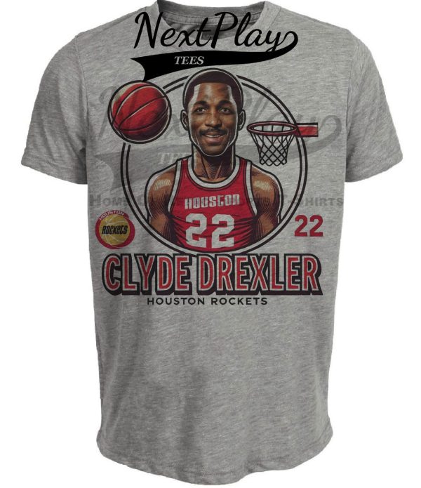 Houston Rockets Clyde Drexler Exclusive Retro Basketball Artwork Heather Gray Sublimated T-Shirt