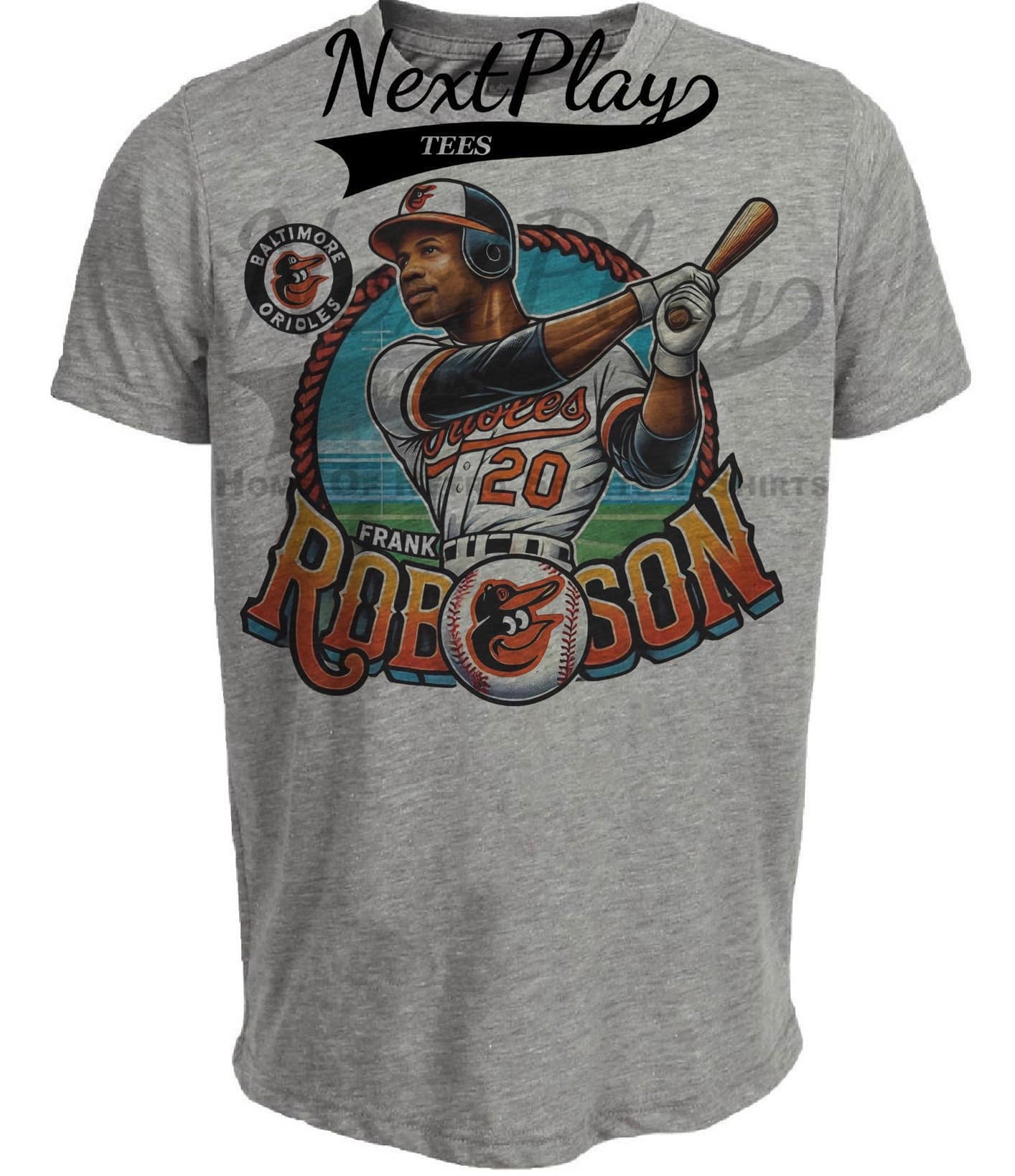 Baltimore Orioles Frank Robinson Exclusive Retro Baseball Artwork Heather Gray Sublimated T-Shirt