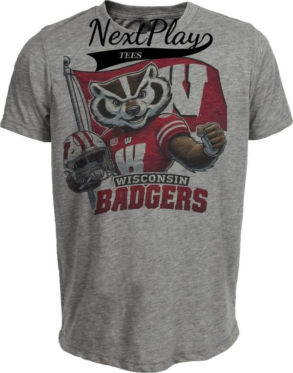 Wisconsin Badgers Exclusive Retro Football Flag Artwork Heather Gray Sublimated T-Shirt