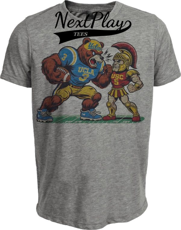 UCLA Bruins vs. USC Trojans Exclusive Retro Rivalries Football Punch Artwork Heather Gray Sublimated T-Shirt