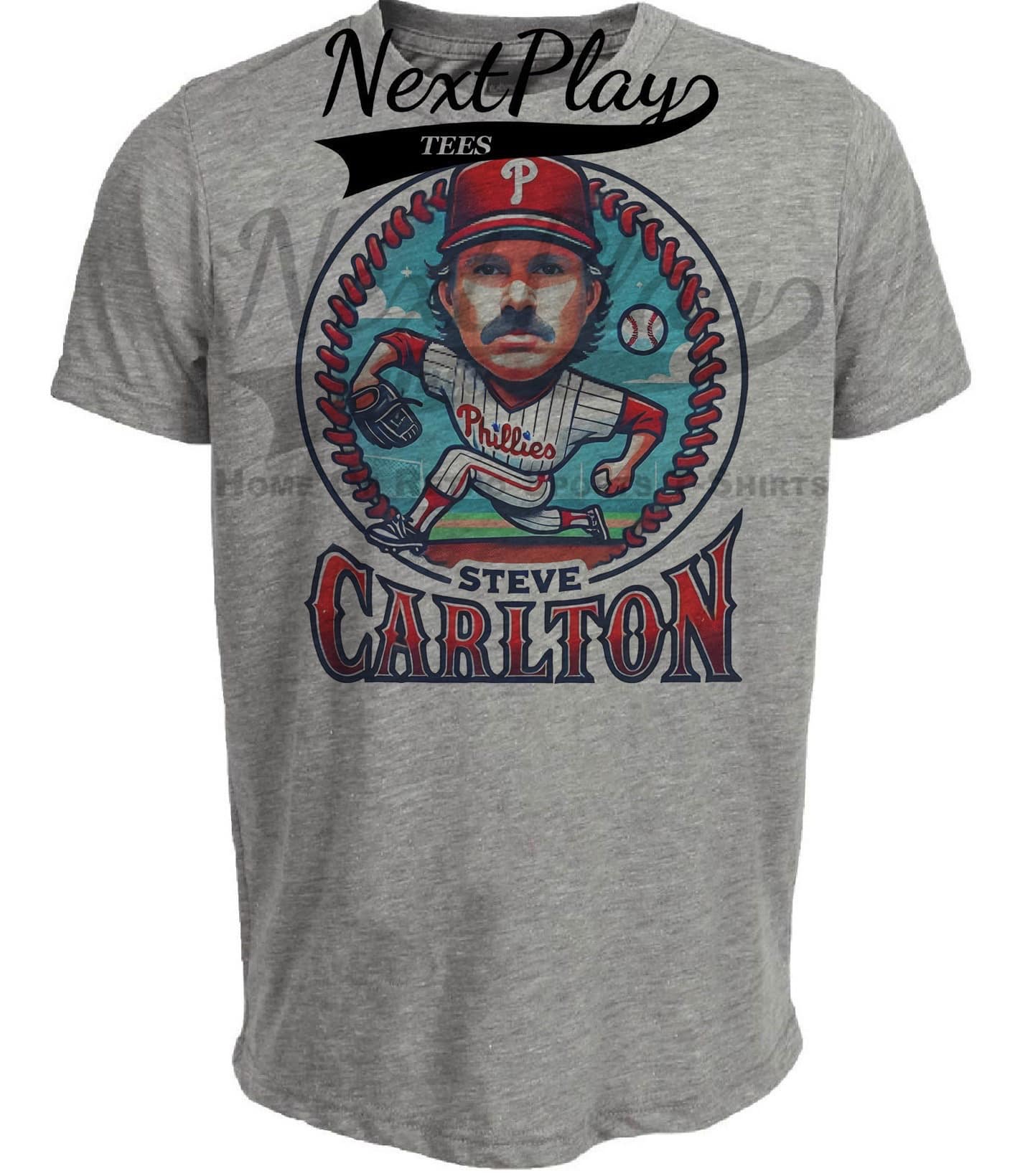 Philadelphia Phillies Steve Carlton Exclusive Retro Baseball Artwork Heather Gray Sublimated T-Shirt