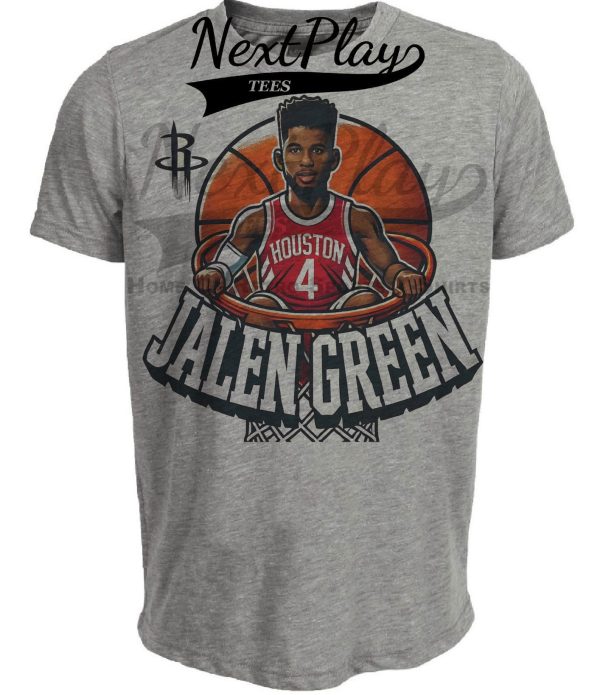 Houston Rockets Jalen Green Exclusive Retro Basketball Artwork Heather Gray Sublimated T-Shirt