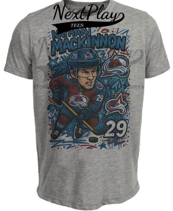 Colorado Avalanche Nathan MacKinnon Exclusive Caricature Hockey Artwork Heather Gray Sublimated T-Shirt